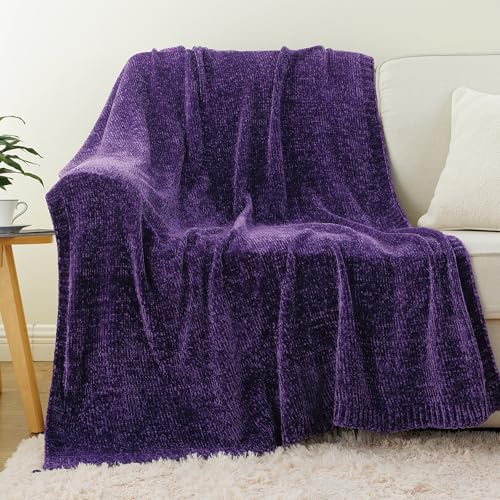 Chenille Throw Blanket for Couch Bed, Purple Knit Throw Blanket 51"x67" - color: Purple
