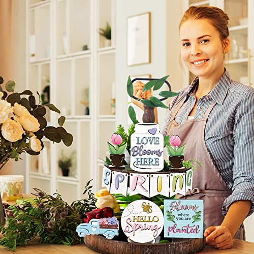 Patelai Spring Tiered Tray Decor Set Wooden Pastel Hello Spring Decor Truck Tulip Flower Table Signs Rustic Farmhouse Tiered Tray Decoration for Home Tabletop Living Room Kitchen Decorations - style: Spring