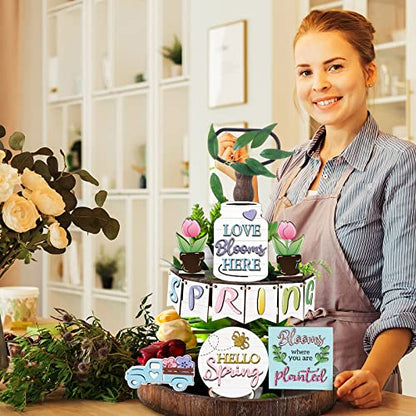 Patelai Spring Tiered Tray Decor Set Wooden Pastel Hello Spring Decor Truck Tulip Flower Table Signs Rustic Farmhouse Tiered Tray Decoration for Home Tabletop Living Room Kitchen Decorations - style: Spring