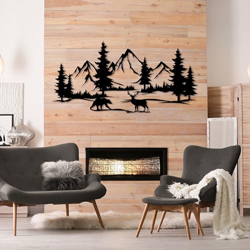 DecoSoul Mountain & Forest Metal Wall Art - Extra Large Farmhouse Wall Decor, Pine Tree & Bear Outdoor Metal Sign, Mountain Range View, Housewarming Gift - style: Mountain, Forest, Bear and Deer