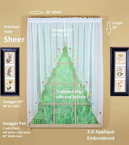 Today's Curtain,Vineyard 3-D Appliqué,Swagger 63", White, 90" W x 63" L - color: White, size: 90"W x 63"L (Pack of 1)