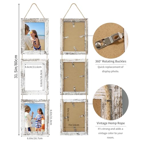 5x7 Collage Picture Frames Set of 2, Rustic Wooden Real Glass Vertical Hanging 3 Opening 5 by 7 Photo Frame, Distressed White - color: Distressed White, size: Vertical-5x7 in