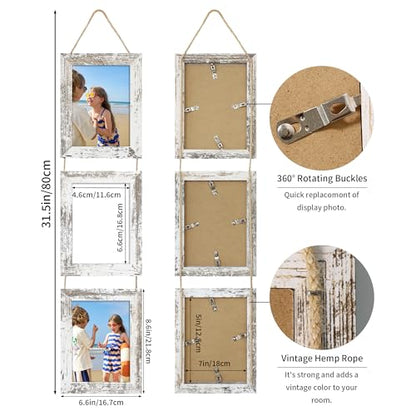 5x7 Collage Picture Frames Set of 2, Rustic Wooden Real Glass Vertical Hanging 3 Opening 5 by 7 Photo Frame, Distressed White - color: Distressed White, size: Vertical-5x7 in