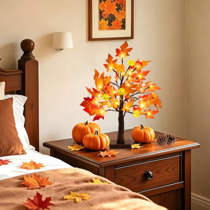 Prelit Fall Maple Tree with Pumpkin Lights Timer 24 Warm White LED 18 Inch - size: 1ft 6in