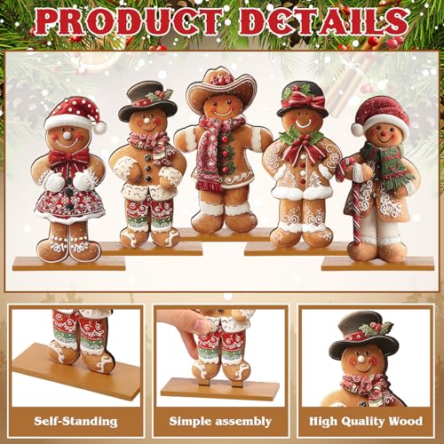 RattanView 5 Pcs Christmas Gingerbread Tabletop Decorations Wooden Christmas Centerpiece Table Decor Holiday Sequins Village Standing Sign with Base for Xmas Home Mantel Shelf(Gingerbread Man) - style: Gingerbread Man
