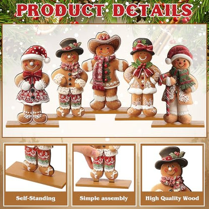 RattanView 5 Pcs Christmas Gingerbread Tabletop Decorations Wooden Christmas Centerpiece Table Decor Holiday Sequins Village Standing Sign with Base for Xmas Home Mantel Shelf(Gingerbread Man) - style: Gingerbread Man