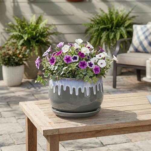 Ceramic Flower Pots, 9 Inch Planters for Indoor Plants, Grey-Blue - size: 9 Inch, style: Grey-blue