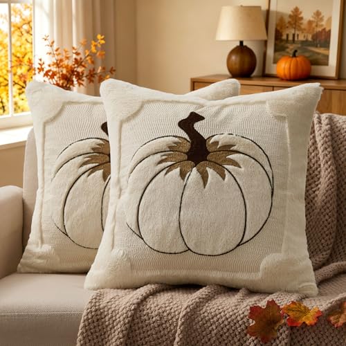 Allorry Fall Pillow Covers 18x18 Beige Pumpkin Leaves Home Decor PT021A18 - color: Beige Pumpkin Leaves, size: 18" x 18" (Pack of 2)