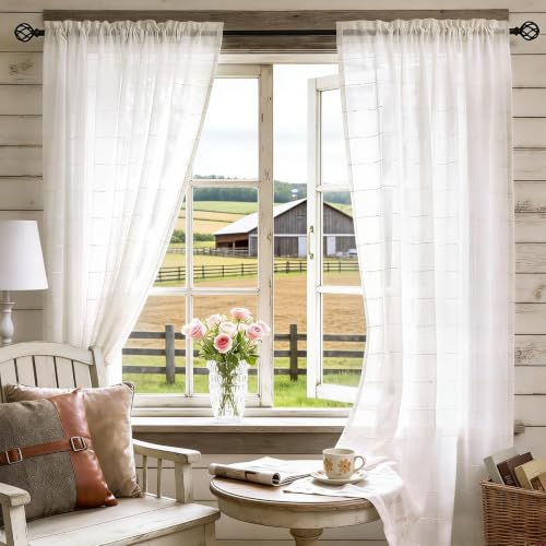 White Sheer Curtains 63 Inches Faux Linen Stripe Pattern 2 Panels - color: White, size: 52"W x 63"L (Pack of 2)