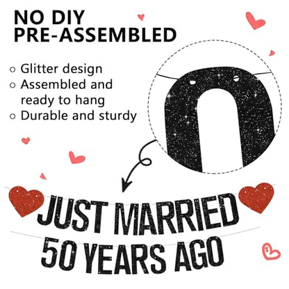 Black Glitter Just Married 50 Years Ago Banner,NO DIY,Pre-Strung 50th Wedding Anniversary Party Decorations 50 Years Blessed & Loved Garland Sign We Still Do 50th Party Supplies - color: 50black