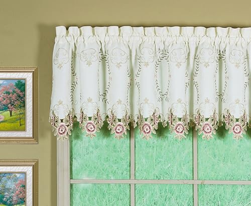 Today's Curtain Verona Reverse Embroidery Tailored Valance, 18", Ecru/Rose, 70" W X 18" L - color: Ecru/Rose, size: 70"W x 18"L (Pack of 1)