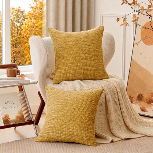 a moment Fall Mustard Yellow Chenille Throw Pillow Covers 16x16 Inch Pack of 2 Modern Decorative Throw Pillow Covers Farmhouse Cross Covers Home Decor for Sofa Bedroom Living Room - color: Mustard Yellow, size: 16" x 16" (Pack of 2)