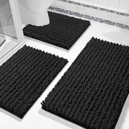 Yimobra Black Bathroom Rug Set 3 Piece, Super Water Absorbent Bath Mat Set - color: Black, size: 24"x20" + 30"x20"+ 44"x24"