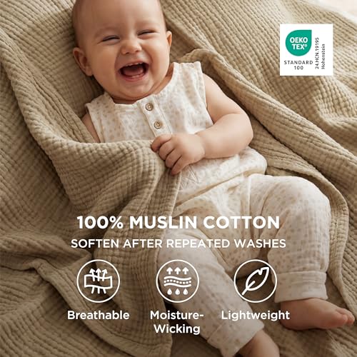 Bedsure 100% Cotton Muslin Blankets for Adults, King, 4-Layer, Light Brown - color: 04 - Light Brown, size: King (108" X 90")