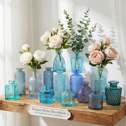 Set of 15 Blue Glass Bud Vases Small Textured Flower Vases - color: Blue
