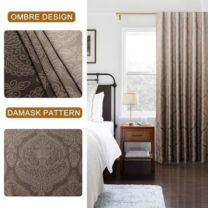 DWCN Brown Ombre Room Darkening Curtains 54 inch Length - Damask Patterned Back Tab Small Window Drapes with Tiebacks Thermal Insulted Curtains for Bedroom/Kitchen, 2 Panels, 52 x 54 Inch - color: Brown, size: 52"W x 54"L (Pack of 2)