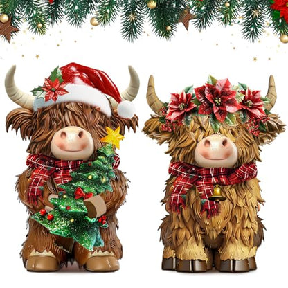 2 Pack Christmas Highland Cow Figurines Decor, Resin Table Decor - style: Christmas