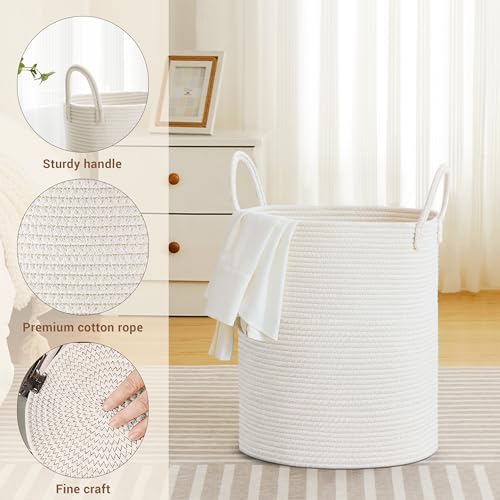 53L Tall Cotton Rope Laundry Basket with Handles, White - color: White, size: 53L