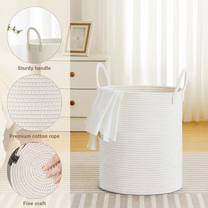 53L Tall Cotton Rope Laundry Basket with Handles, White - color: White, size: 53L
