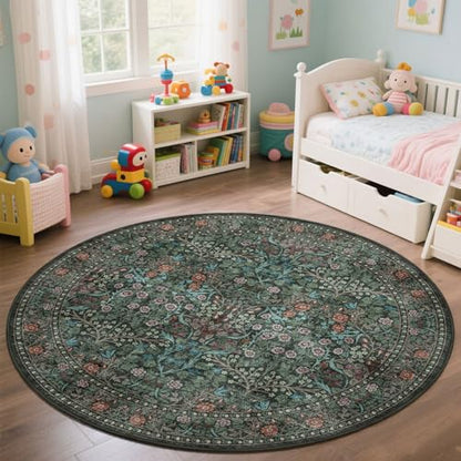 Entry Round Rug 3ft, Small Black Green Floral Round Bathroom Rug - color: Black / Multi, size: 3' (Round)