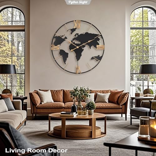Pytha Sight 36 Inch Large Extra Metal Oversized Roman World Map Wall Clock - color: Black Roman, size: 36 inch