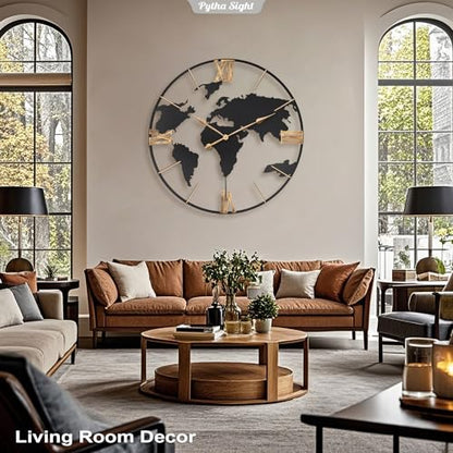 Pytha Sight 36 Inch Large Extra Metal Oversized Roman World Map Wall Clock - color: Black Roman, size: 36 inch