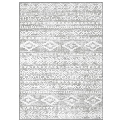 Lahome Boho Moroccan Area Rugs 5x7, Washable Grey Rugs for Bedroom Non-Slip, Low-Pile Soft Tribal Print Living Room Rug, Non-Shed Neutral Geometric Indoor Carpet for Office Playroom Dining Room - color: Grey/White, size: 5' x 7'