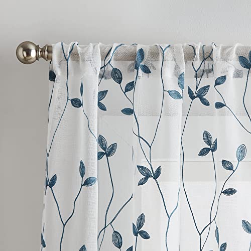 Curtainworks Botanical Embroidery Sheer Window Curtain Collection, Rod Pocket, 84-inch Panel Pair, Blue - color: Blue, size: 37"W x 84"L (Pack of 2)
