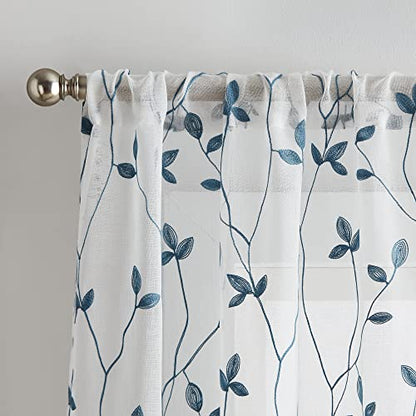 Curtainworks Botanical Embroidery Sheer Window Curtain Collection, Rod Pocket, 84-inch Panel Pair, Blue - color: Blue, size: 37"W x 84"L (Pack of 2)