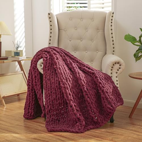 WESHIONGOO Chunky Knit Blanket Throw for Couch Bed 51"×63" Burgundy Red - color: Burgundy Red, size: 51"x63"(Large Size Throw)