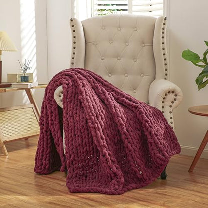 WESHIONGOO Chunky Knit Blanket Throw for Couch Bed 51"×63" Burgundy Red - color: Burgundy Red, size: 51"x63"(Large Size Throw)