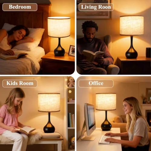 ONEWISH Touch Bedside Lamp for Bedroom, 3-Way Dimmable Table Lamps for Nightstand with Cylindrical Fabric Shade, Desk Lamp for Living Room, End Tables, Home Office - color: Beige Linen Drum Shade & Black Base