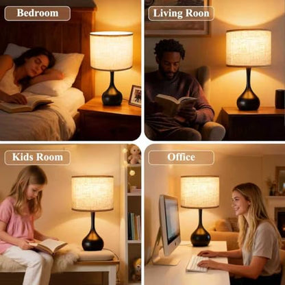 ONEWISH Touch Bedside Lamp for Bedroom, 3-Way Dimmable Table Lamps for Nightstand with Cylindrical Fabric Shade, Desk Lamp for Living Room, End Tables, Home Office - color: Beige Linen Drum Shade & Black Base