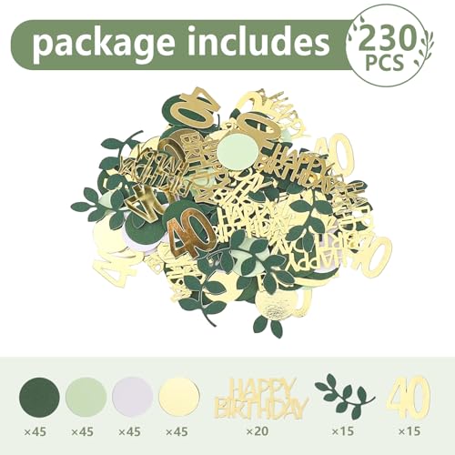 Sage Green 40th Happy Birthday Confetti, 40th Birthday Table Decorations Scatter Green Gold Foil Cake Confetti Decorations for 40 Bday Woman Man Party Decor 230 Pcs - style: 40