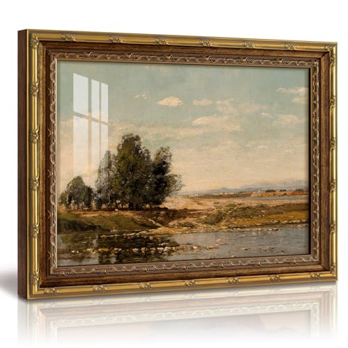 InSimSea 13x16 Vintage Gold Framed Wall Art with Plexi Glass, Golden Riverbank Landscape Canvas Print, Rustic Village Scene Wall Decor for Living Room Bedroom Bathroom Kitchen Office - color: Mirror Sky, size: 16"L x 13"W