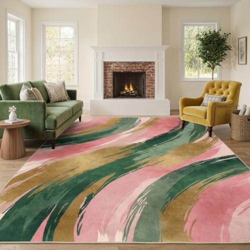 6x9 Pink and Green Area Rug, Modern Abstract Brushstroke Design - color: Pink/Green/Gold, size: 6' x 9' (Rectangular)