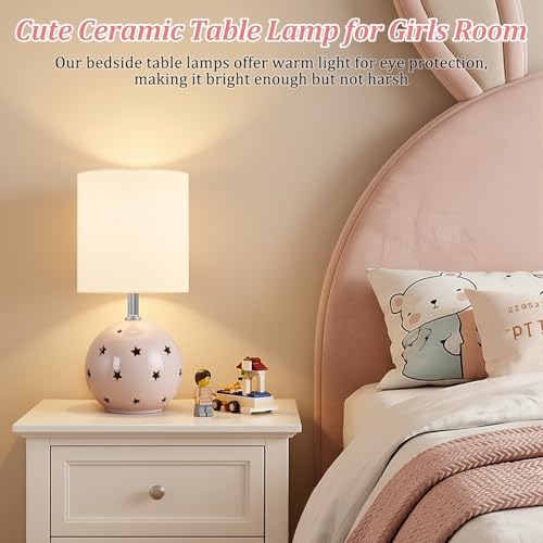 Small Table Lamp, 14" Pink Ceramic Bedside Lamp for Girls Kids Bedroom,Dorm - color: Pink