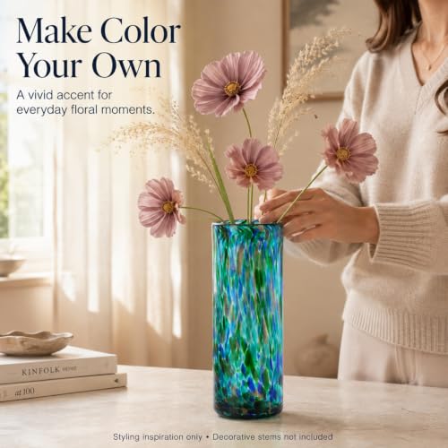 9.45in H Sea Glass Cylinder Vase Unique Hand Blown Glass Vase for Flower - color: Teal