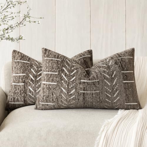 Foindtower Set of 2 Decorative Chenille Jacquard Throw Pillow Covers Textured Farmhouse Lumbar Cushion Cover Neutral Coastal Boho Home Decor For Sofa Chair Couch Bed Living Room,12×20 Inch,Cocoa Brown - color: Cocoa Brown, size: 20" x 12" (Pack of 2)
