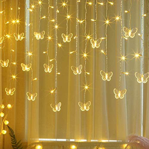 Butterfly Curtain Lights, 13ft 96 LED USB Window Fairy Lights 16 Butterflies 8 Modes Firefly Twinkle Timer String Lights with Remote for Room Bedroom Wall Ceiling Party Wedding Christmas - color: Warm White, size: 13ft