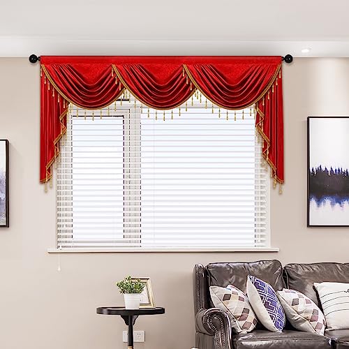 ELKCA Luxury Burgundy Red Velvet Curtain Valances for Living Room with Beads(79inch,1 Panel) - color: Burgundy Red, size: 79"W x 43"L (Pack of 1)