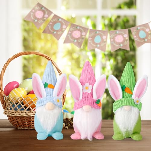 Sggvecsy Easter Gnomes Decorations 3Pcs Bunny Spring Tomte Nisse Swedish Rabbit Plush Scandinavian Faceless Dwarf Handmade Elf for Table Ornament Home Decor