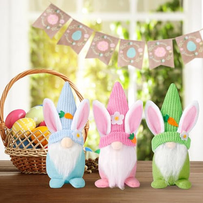 Sggvecsy Easter Gnomes Decorations 3Pcs Bunny Spring Tomte Nisse Swedish Rabbit Plush Scandinavian Faceless Dwarf Handmade Elf for Table Ornament Home Decor
