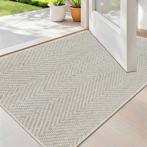 Ultra Thin Indoor Door Mat 17"x29.5", Washable Door Mat Indoor Entrance, Non Slip Rubber Backing Doormat Low-Profile Inside Entryway Mat, Unique Herringbone Design Entry Mat, Khaki (FOLD) - color: Khaki, size: 43x75cm