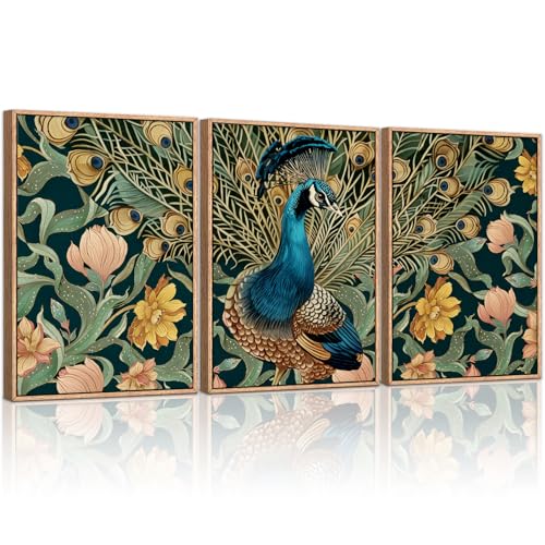 HLNIUC Elegant Peacock Wall Art Canvas,Boho Flower Wall Art,Blue Peacocks Artwork,Animal Feather Artwork,Vintage Animal Framed Decor,William Morris Prints for Living Room Bedroom Office-16x24x3 - color: Peacock, size: 16"L x 24"W