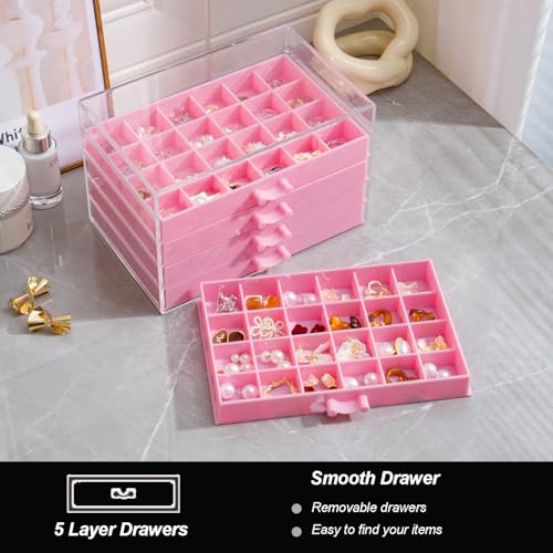 EYUFONG Earring Storage Box Organizer 5 Drawers with 120 Small Compartments - color: Pink