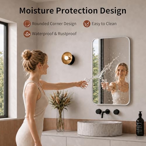 DeerValley Bathroom Mirror with Black Frame, Rounded Rectangle - color: Silver, size: 36"L x 24"W