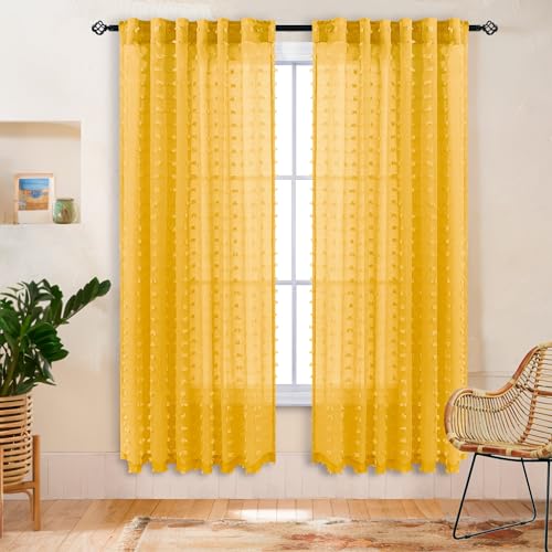 DANCURTON Pom Pom Mustard Yellow Sheer Curtains 63 Inch Length for Bedroom Decor Set of 2 Panels Semi Sheer Gold Yellow Drapes for Bay Window Kitchen Kids Nursery Girls Room Back Tab Rod Pocket 52x63 - color: Yellow, size: 52"W x 63"L (Pack of 2)