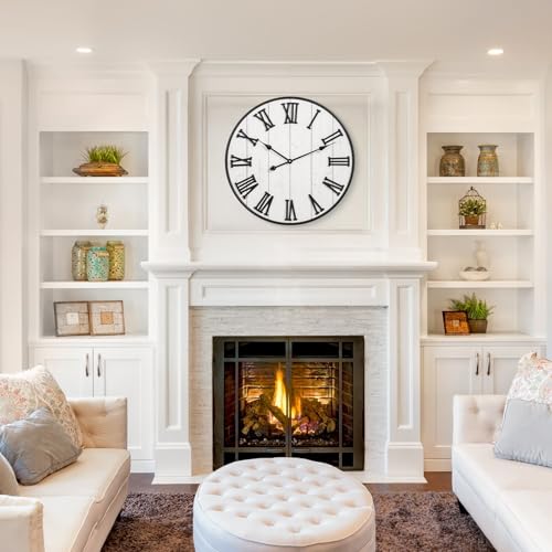 Large Rustic Wooden Wall Clock, 24 Inch Whitewashed Farmhouse Wall Clock with Carved Roman Numerals, Silent Battery Operated Round Vintage Clock for Living Room, Kitchen, Bedroom, Study Room - color: 24 Inch Washedwhite Dial With Black Roman Numerals