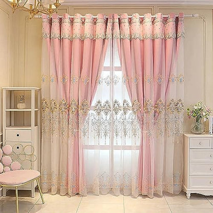 Amidoudou 1 Pair European Curtains with Valance Attached Double Layer Curtains for Living Room Bedroom (Pink,51x84 Inch) - color: Pink, size: 51"W x 84"L (Pack of 2)
